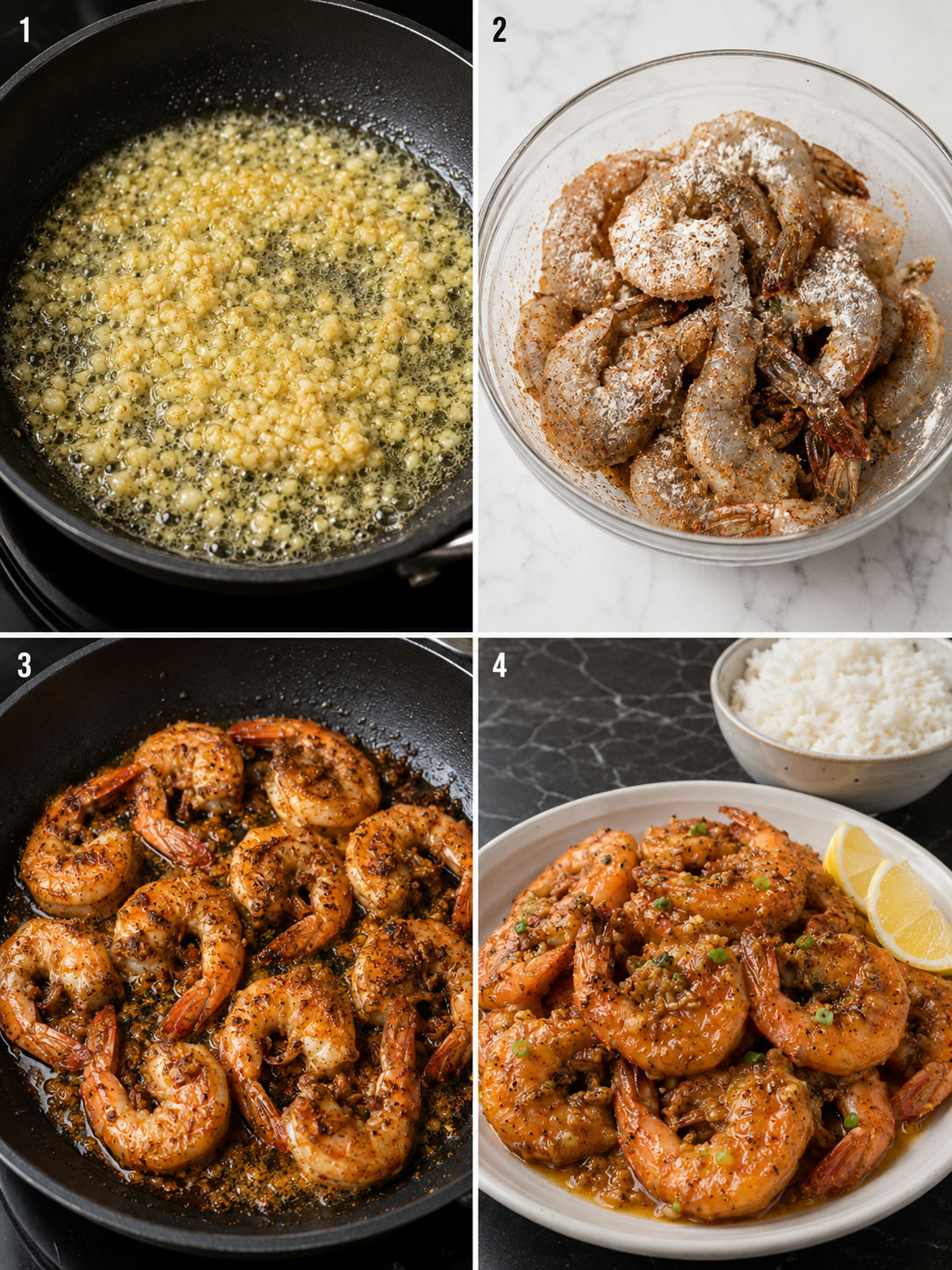 Four cooking steps for Hawaiian Garlic Shrimp with garlic butter and rice