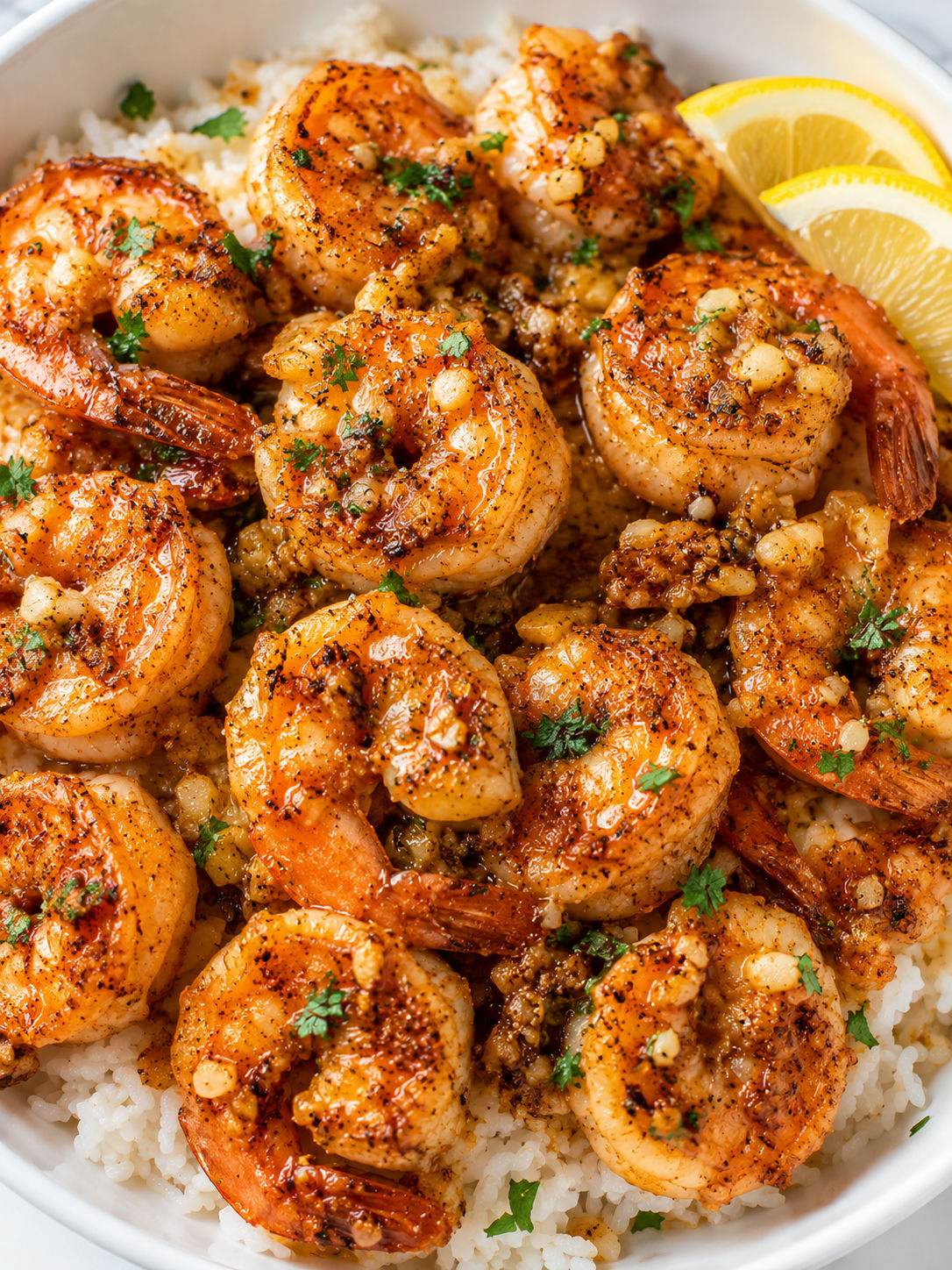 Golden Hawaiian Garlic Shrimp over white rice with lemon and parsley