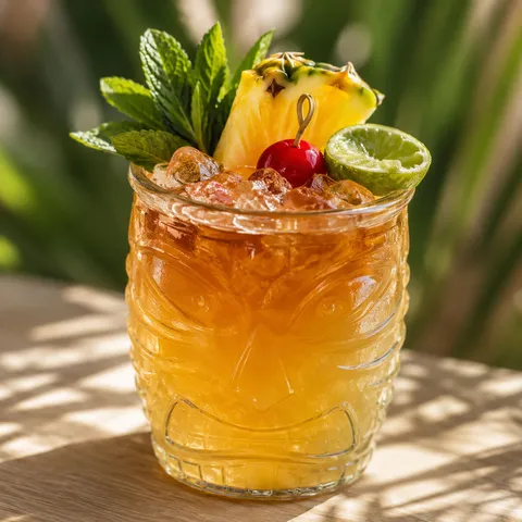 Hawaiian Mai Tai with mint, pineapple, cherry, and crushed ice