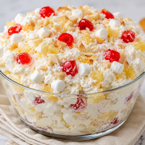 Hawaiian pineapple coconut fluff dessert in a glass trifle bowl with cherries and nuts