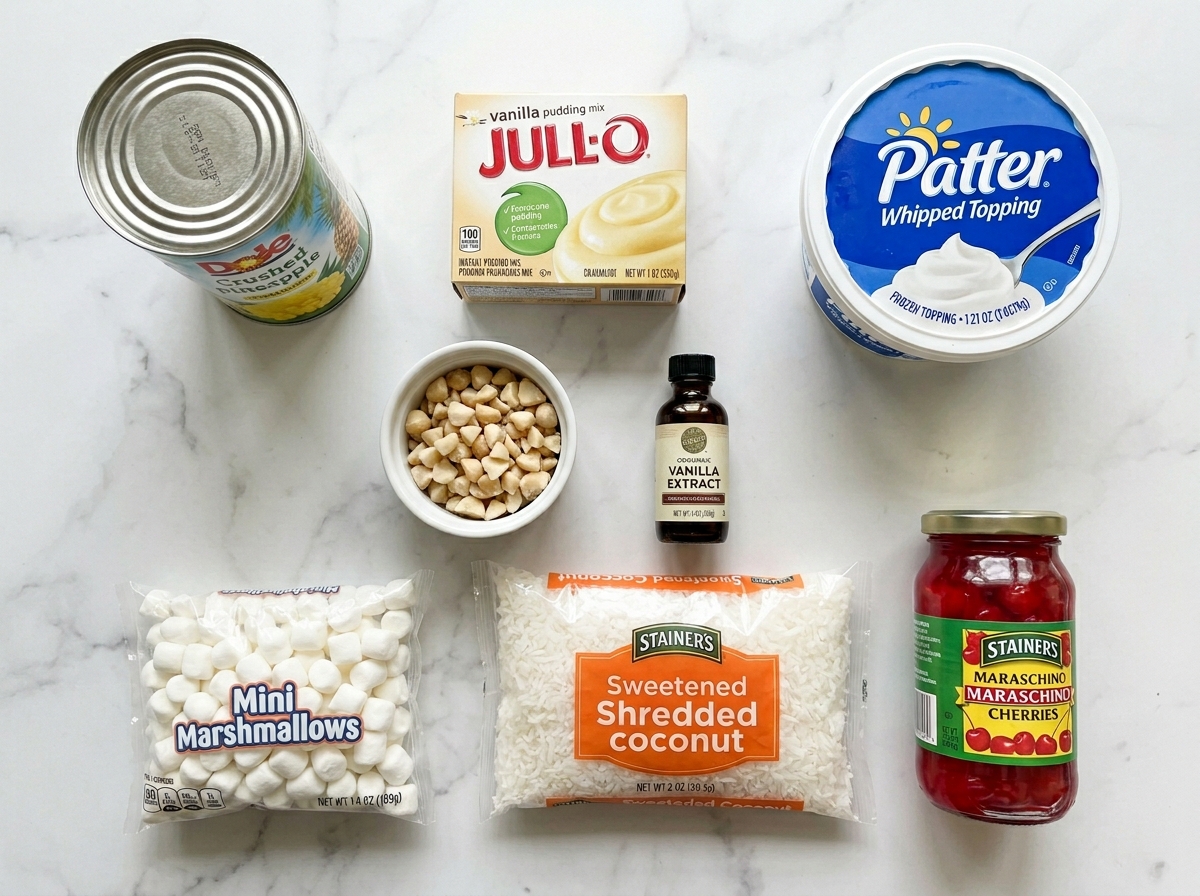 Ingredients for Hawaiian pineapple coconut fluff on a wooden counter