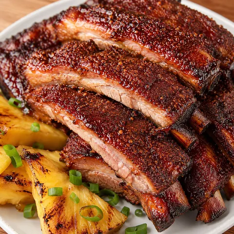 Hawaiian rib rub on caramelized pork ribs with pineapple