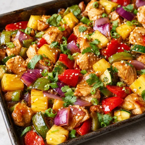 Hawaiian sheet pan chicken with pineapple, peppers, onion, and cilantro