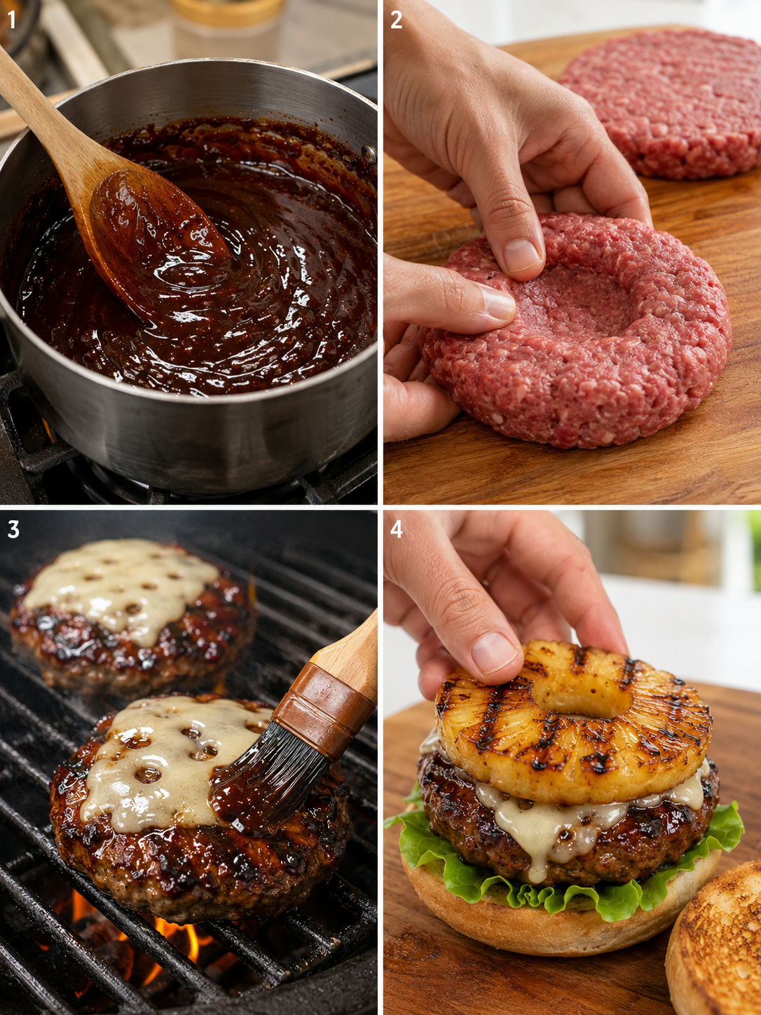 Four-step cooking process for Hawaiian teriyaki burgers from making the glaze to assembling with grilled pineapple