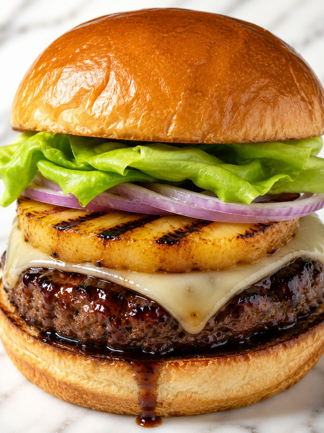 Hawaiian teriyaki burger stacked with grilled pineapple, melted Swiss cheese, and teriyaki glaze dripping down the side