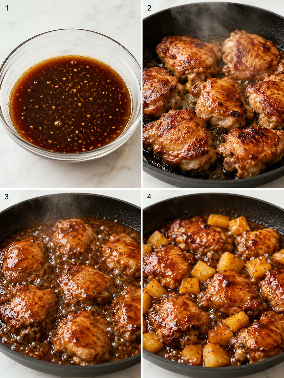 Steps for making pineapple teriyaki chicken in a skillet