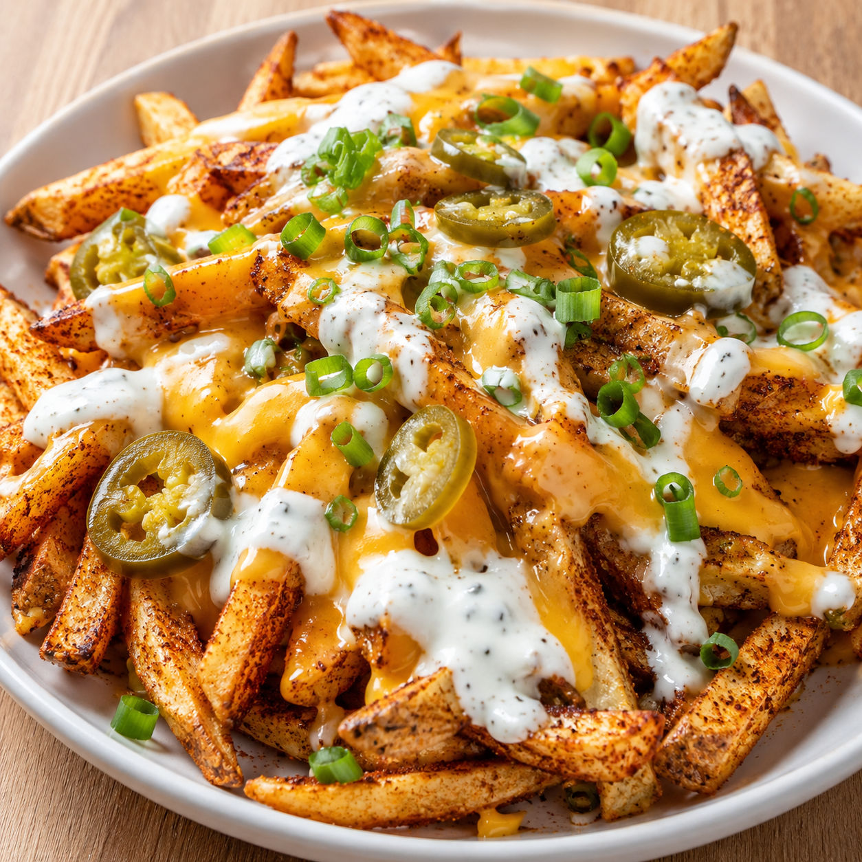 Loaded Cajun fries with cheese sauce, ranch, and jalapeños in a white bowl