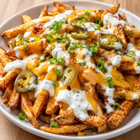 Loaded Cajun fries with cheese sauce, ranch, and jalapeños in a white bowl