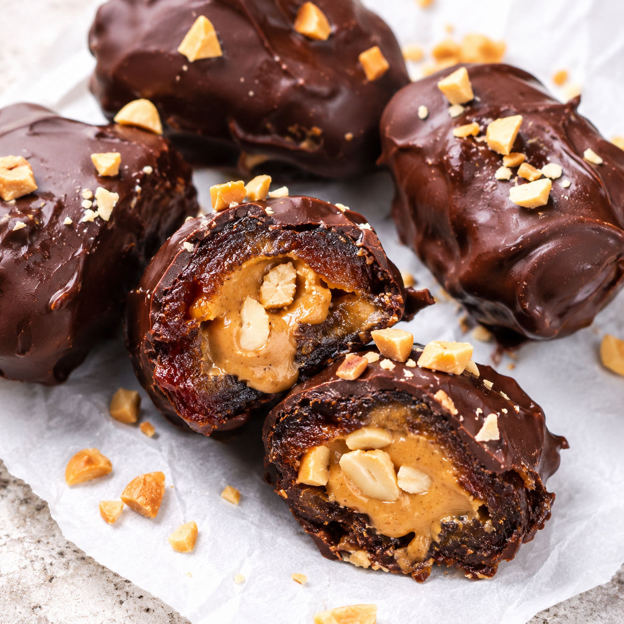 Chocolate date snickers filled with peanut butter and roasted peanuts