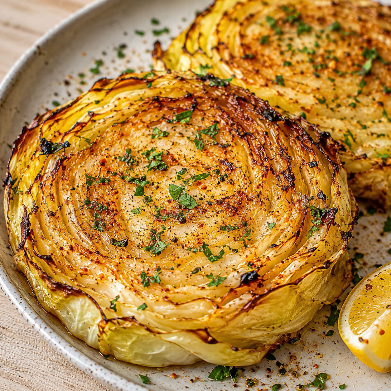 Baked cabbage steaks with paprika, parsley, and lemon on a plate