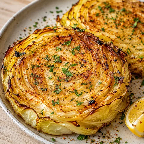Baked cabbage steaks with paprika, parsley, and lemon on a plate