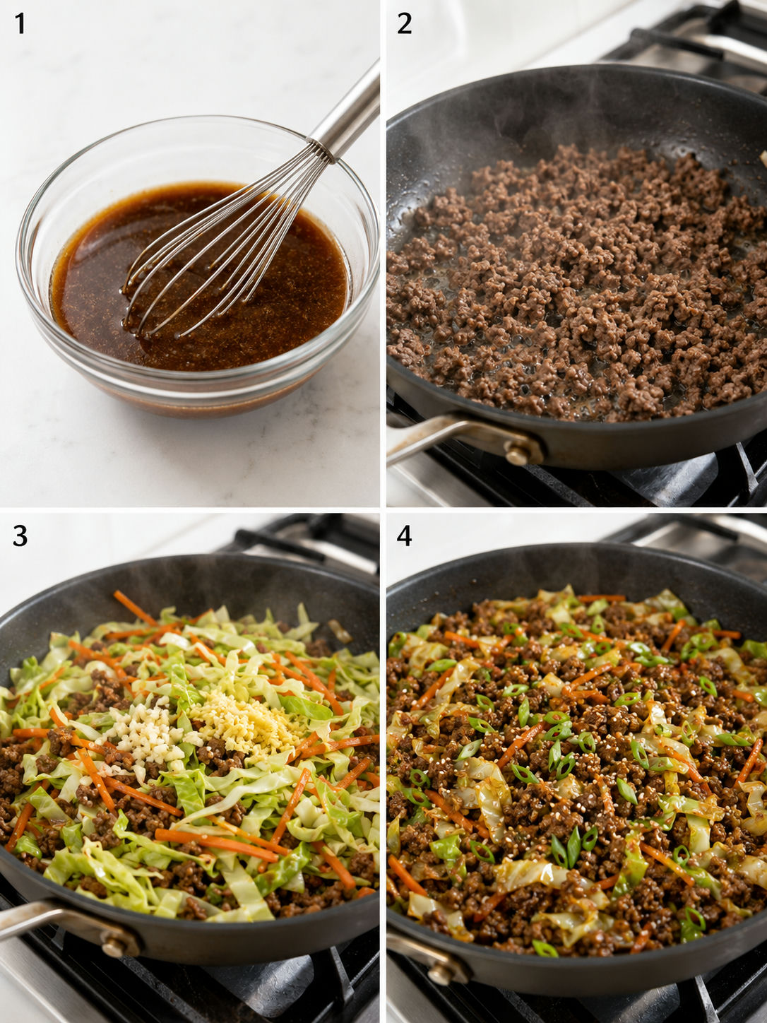 Four cooking steps for beef and cabbage stir fry in a skillet