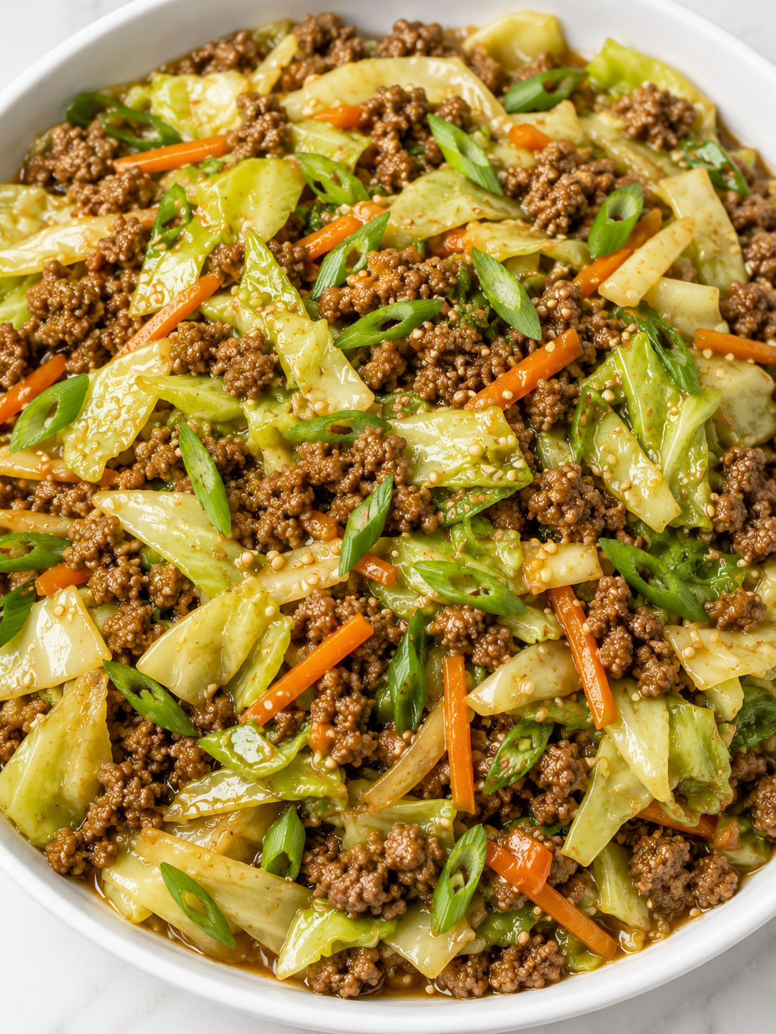 Beef and cabbage stir fry filling a bowl with scallions and sesame