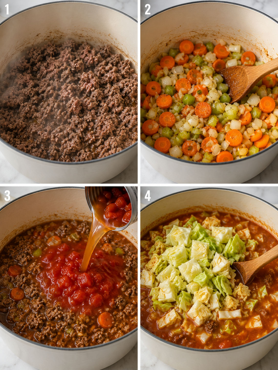 Four cooking steps for cabbage and ground beef soup from browning beef to adding cabbage