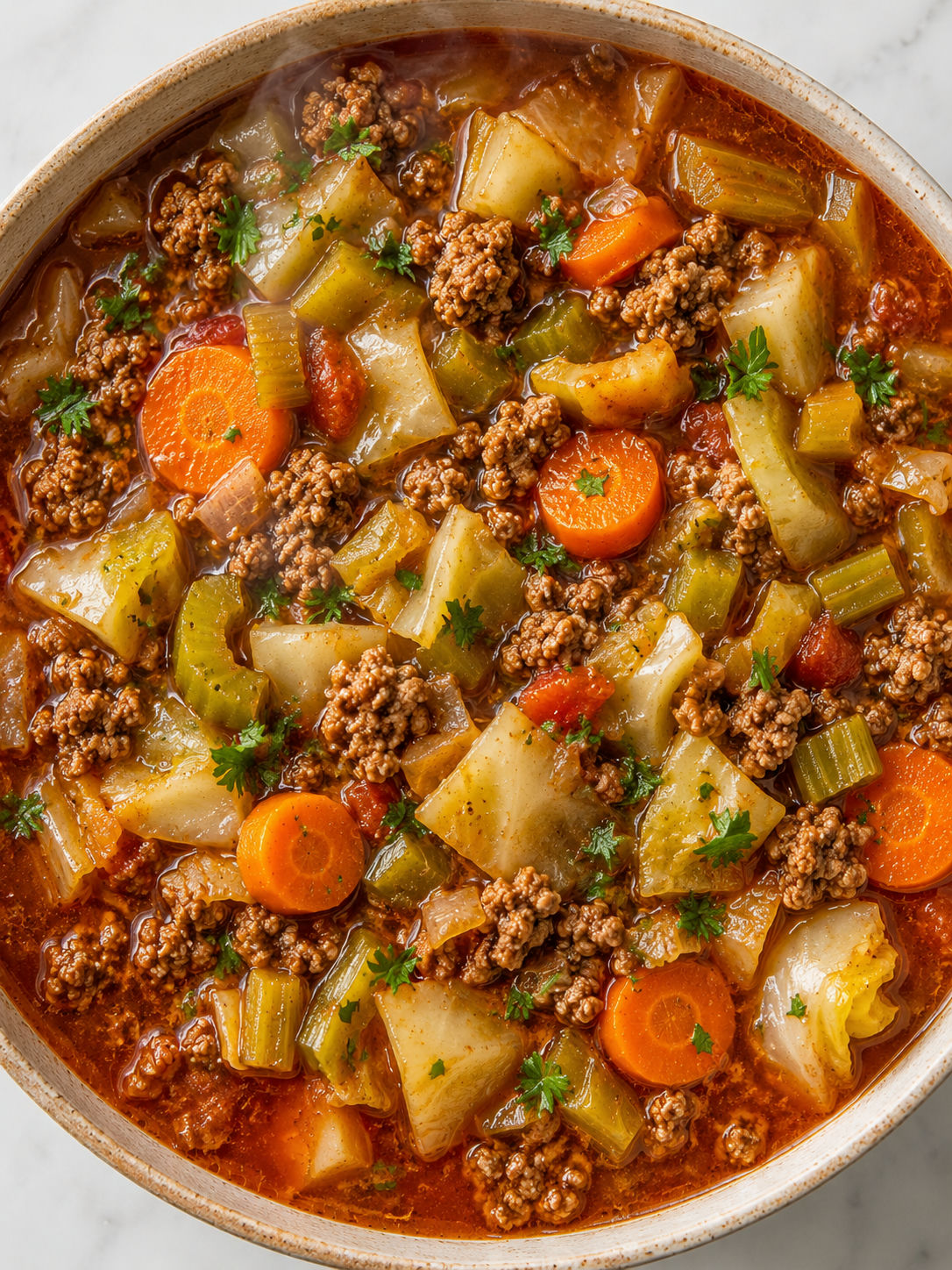 Overhead bowl of healthy cabbage and ground beef soup with rich broth and parsley