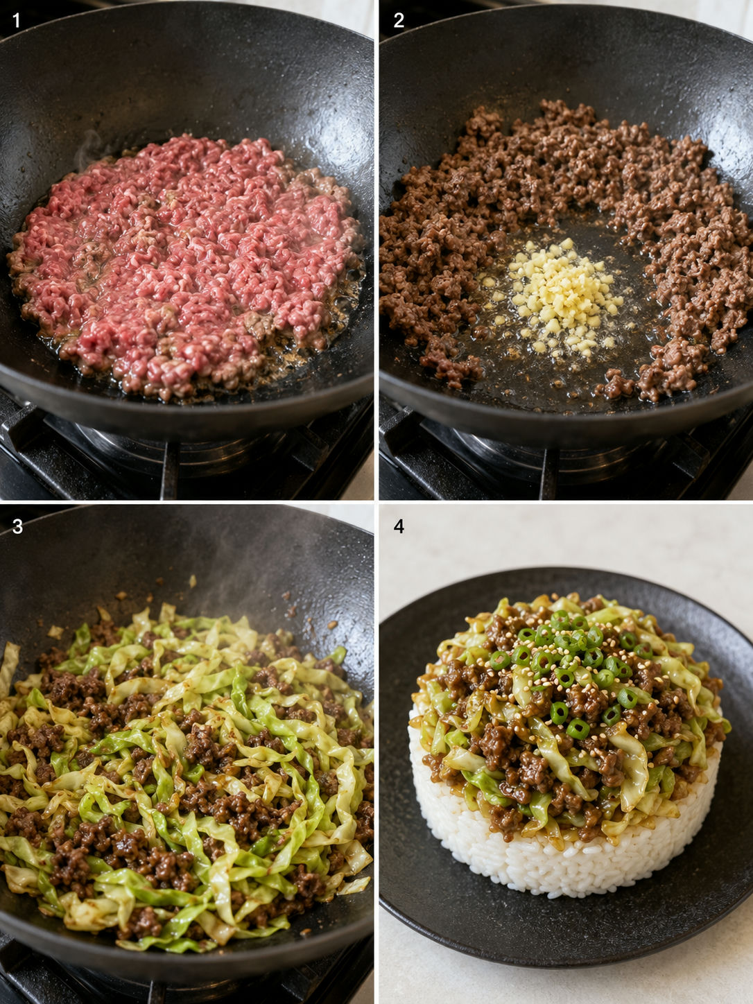 Four steps of making Chinese ground beef and cabbage stir fry from browning to stacking