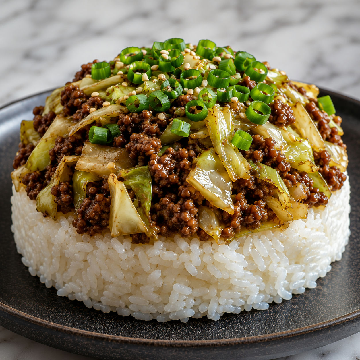 Chinese ground beef and cabbage stir fry stacked on jasmine rice with sesame seeds, front view