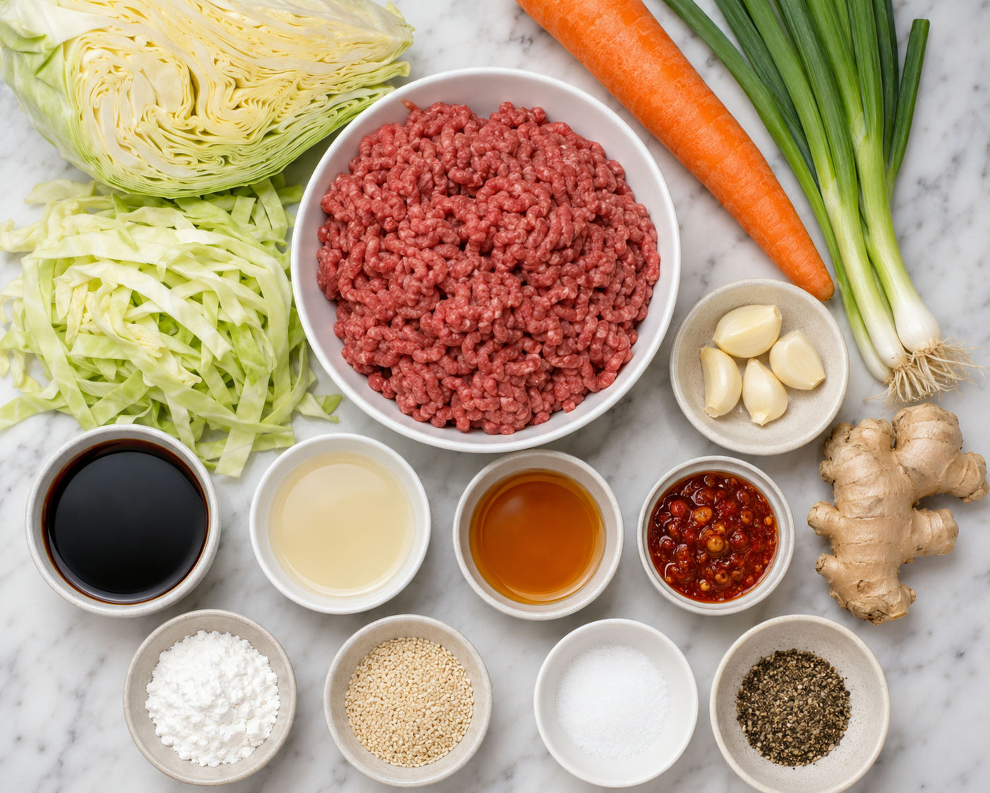 Ingredients for Chinese ground beef cabbage with ginger garlic and tamari