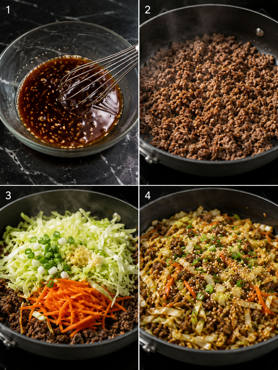 Four cooking steps for Chinese ground beef cabbage stir fry