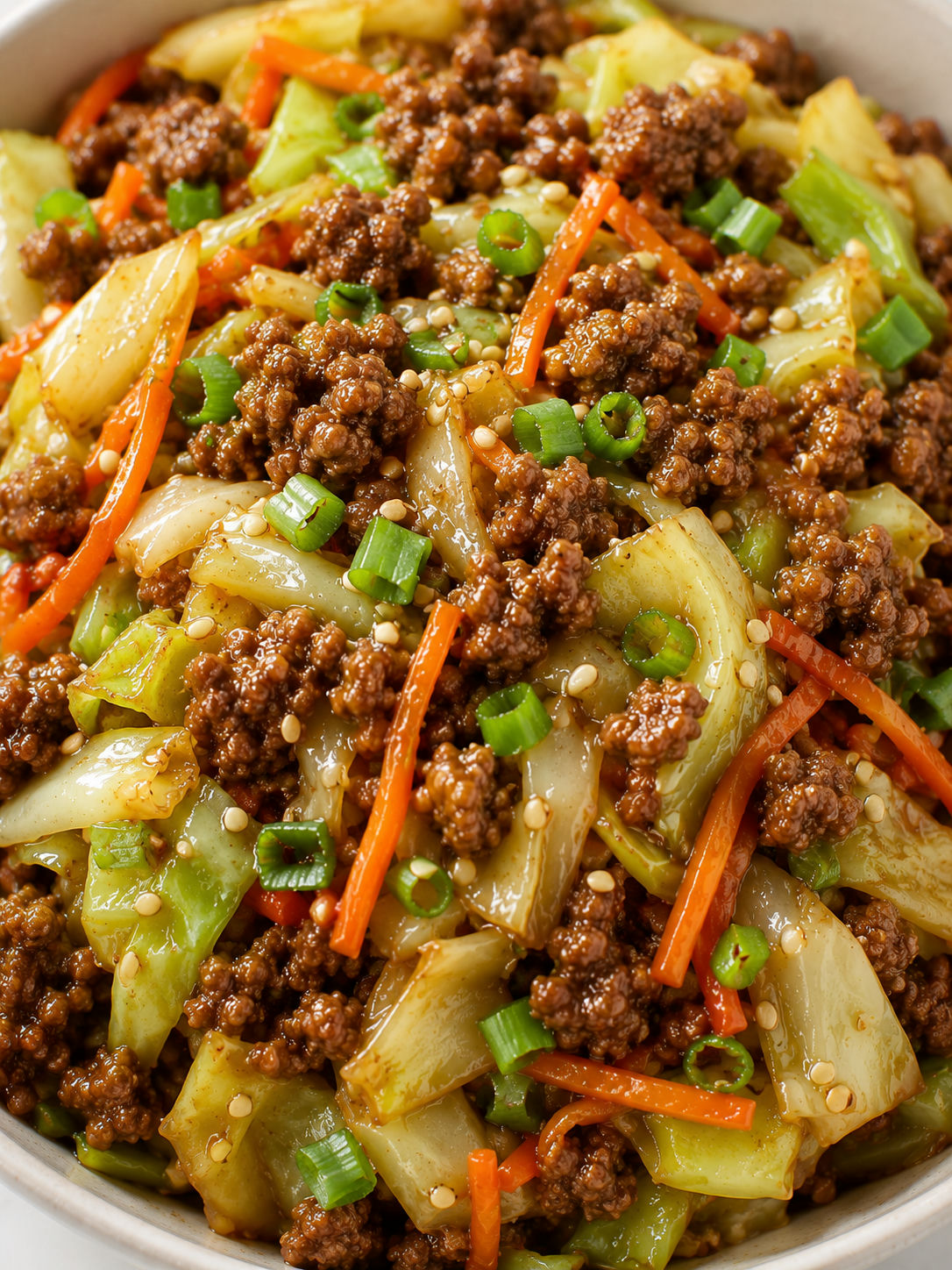Healthy Chinese ground beef cabbage bowl with sesame and green onions