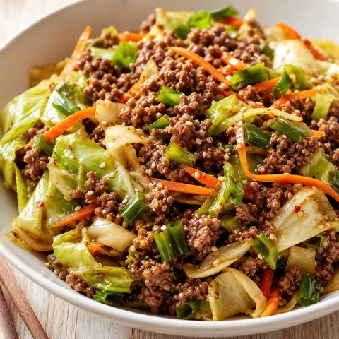 Ground beef cabbage stir fry with scallions and sesame in a shallow bowl