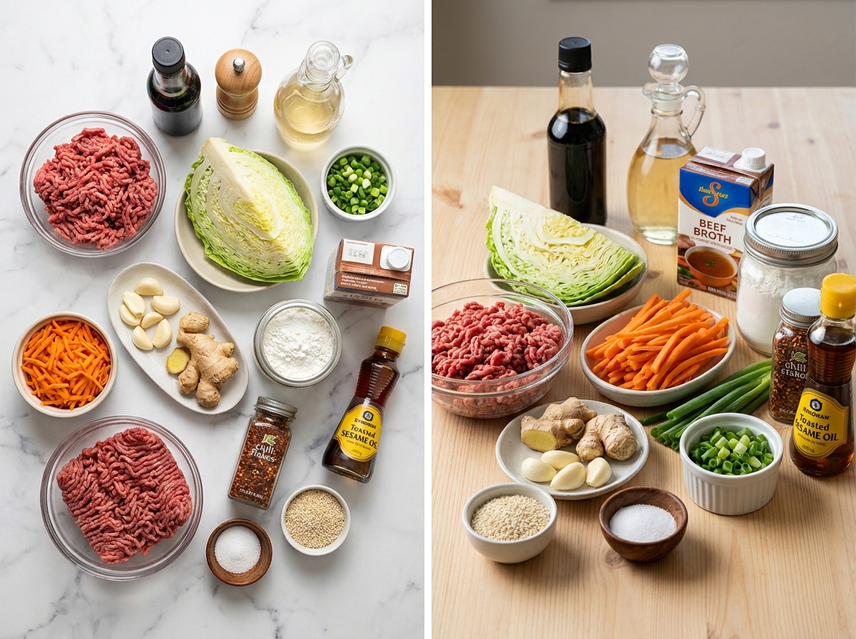 Raw beef, cabbage, ginger, garlic, scallions, and sauce ingredients