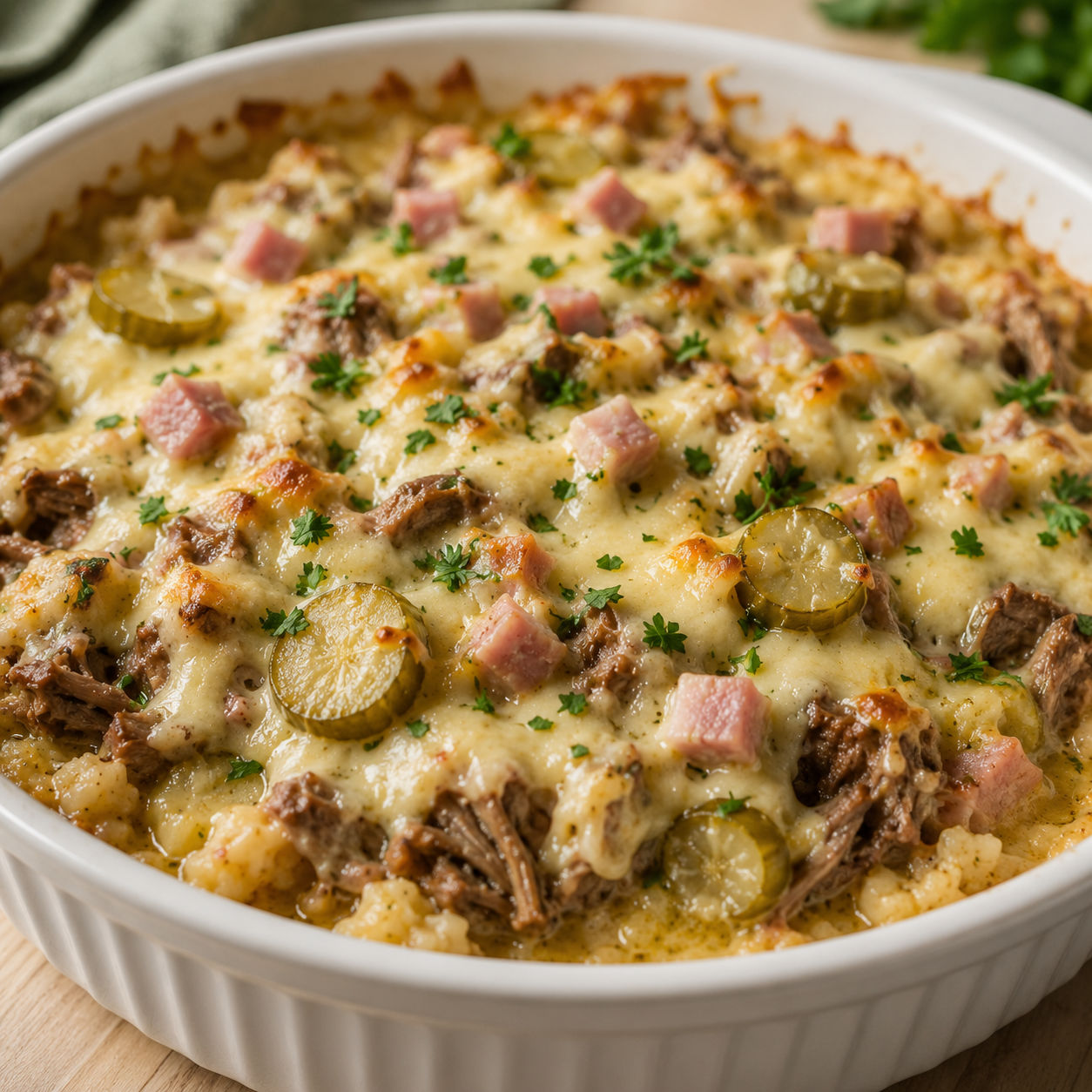 Cuban beef casserole with melted Swiss, pickles, and creamy mustard sauce