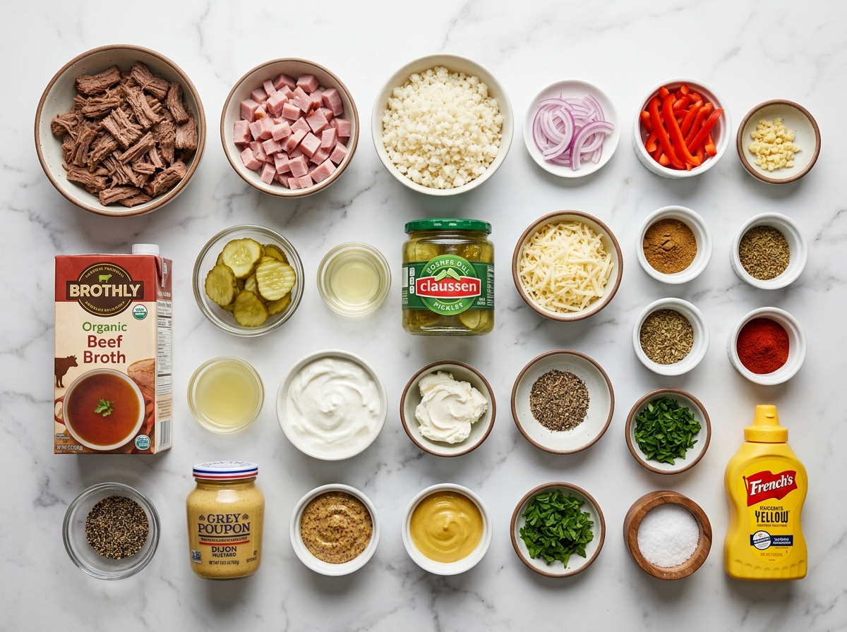Ingredients for Cuban beef casserole with mustard sauce and pickles