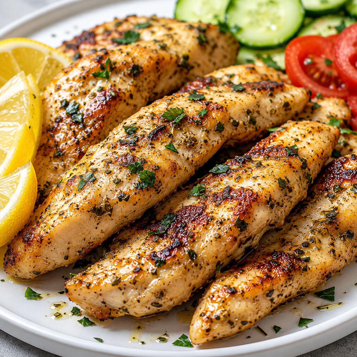 Greek chicken tenders with lemon wedges and parsley on a white plate