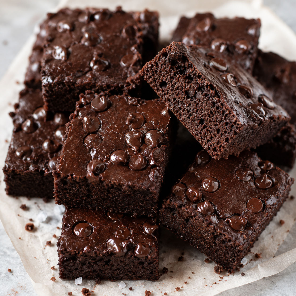 Fudgy Greek yogurt brownies with chocolate chips on parchment