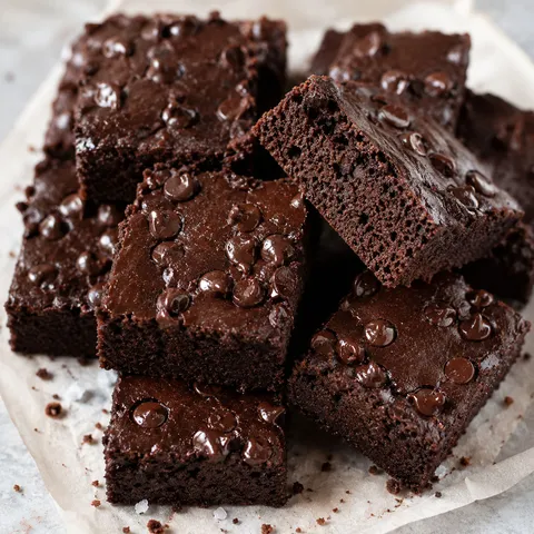 Fudgy Greek yogurt brownies with chocolate chips on parchment