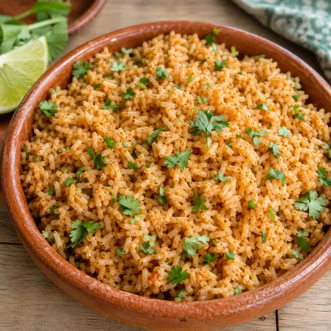 Mexican brown rice garnished with fresh cilantro and a lime wedge