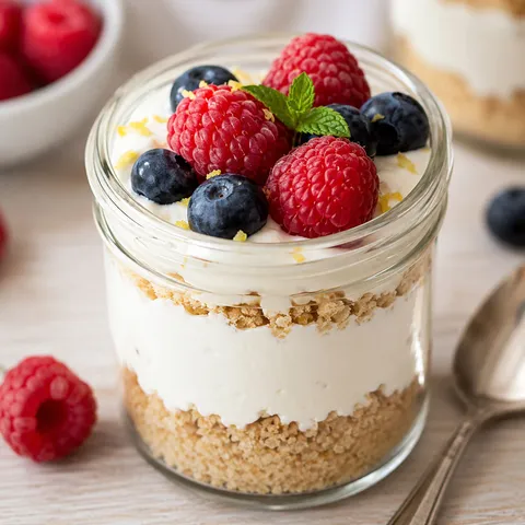 Cottage cheese cheesecake jar with graham crumbs and fresh berries