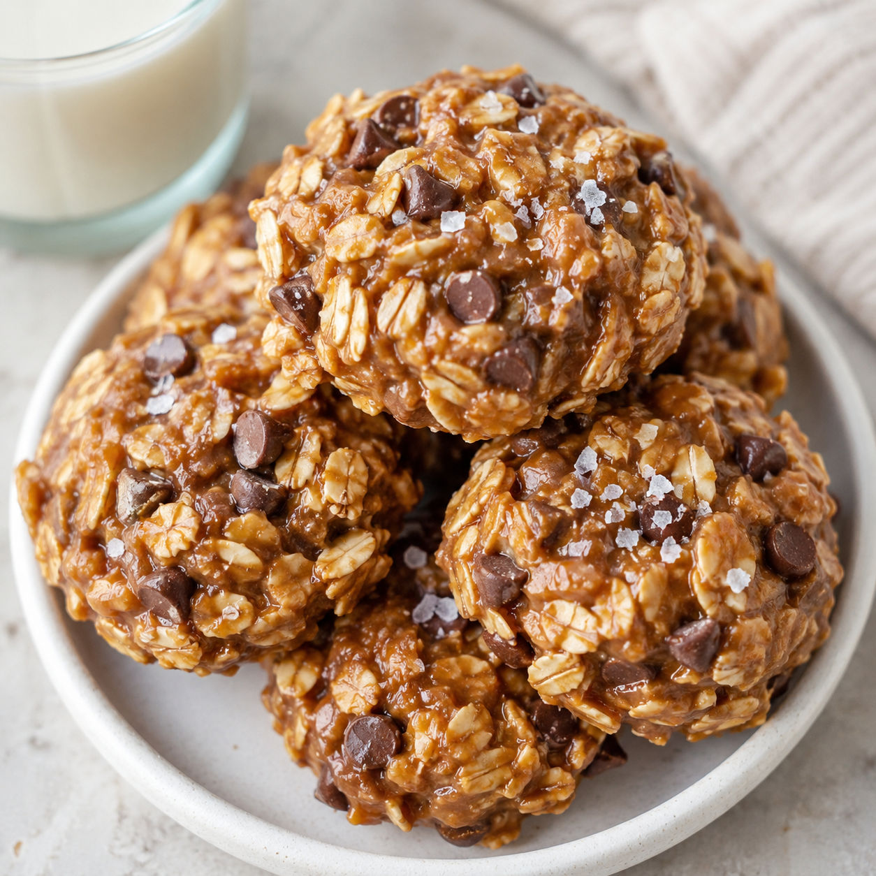 Chocolate peanut butter oatmeal no bake cookies stacked on a white plate