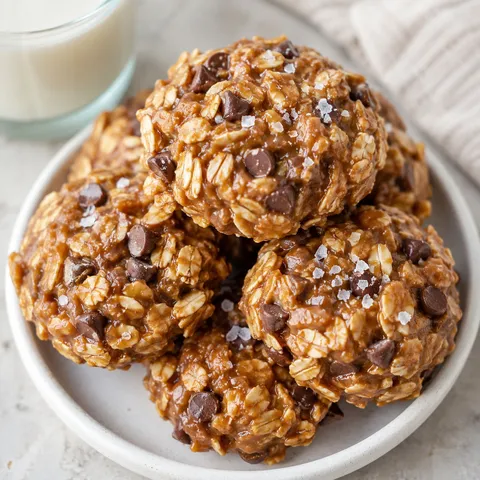 Chocolate peanut butter oatmeal no bake cookies stacked on a white plate