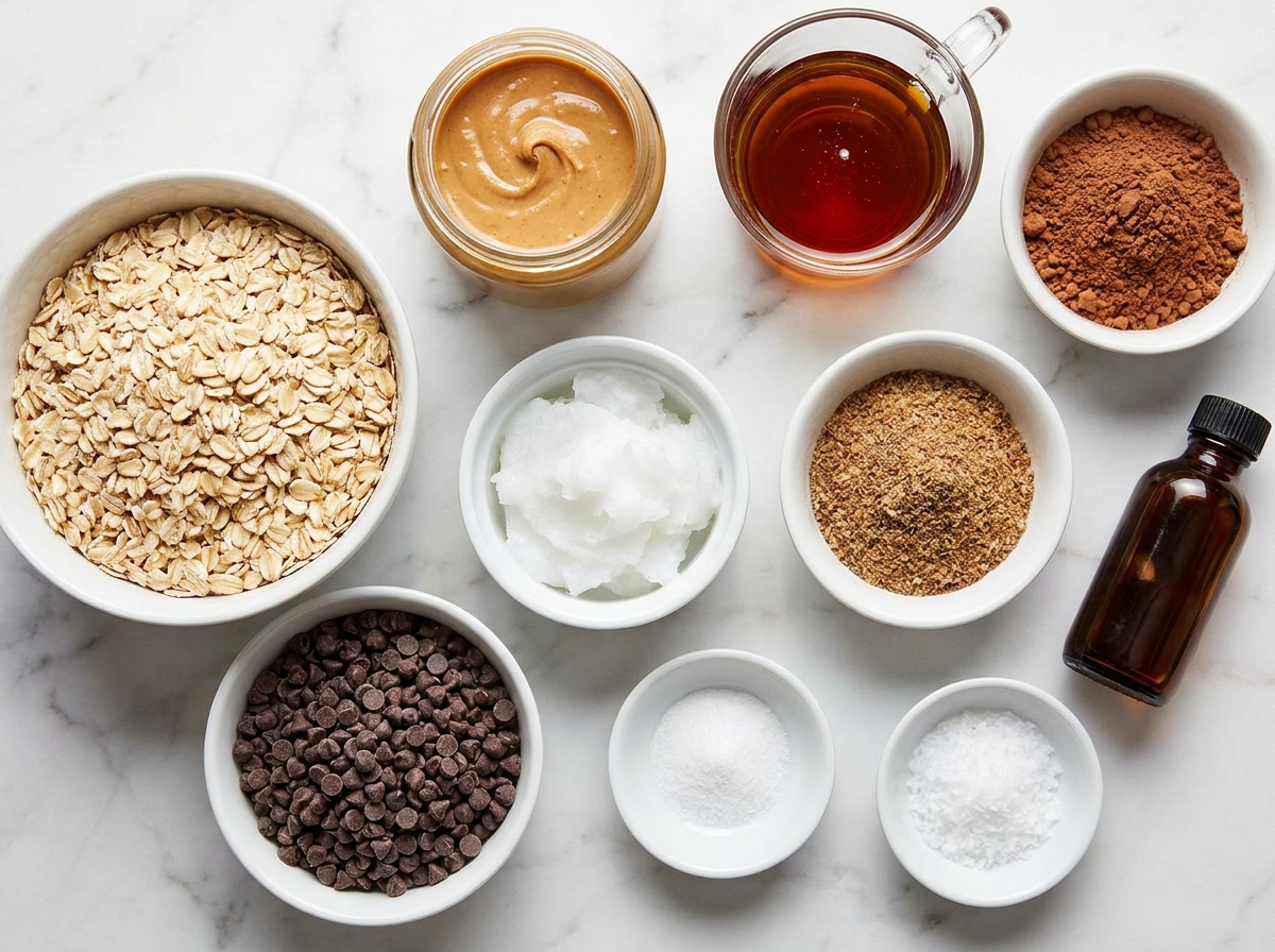 Oats, peanut butter, cocoa, maple syrup, and chocolate chips for no bake cookies