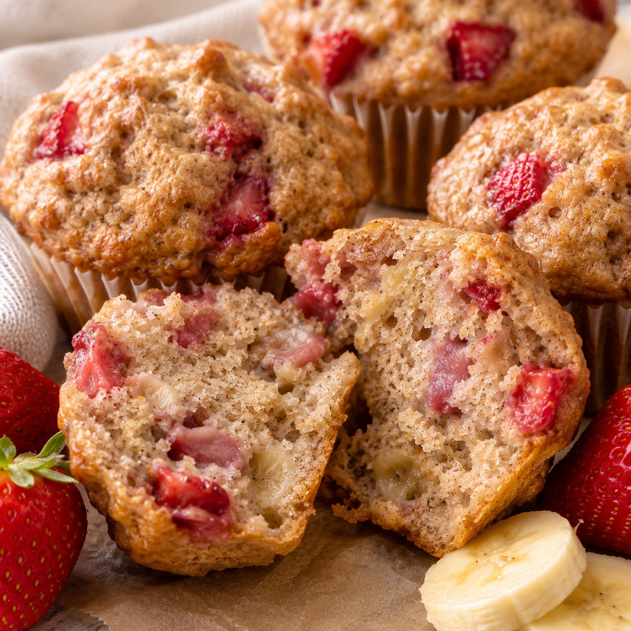 Strawberry banana yogurt muffins with fresh berries and a tender crumb