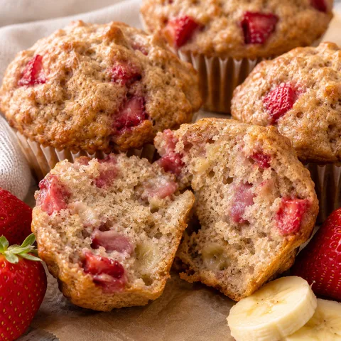 Strawberry banana yogurt muffins with fresh berries and a tender crumb