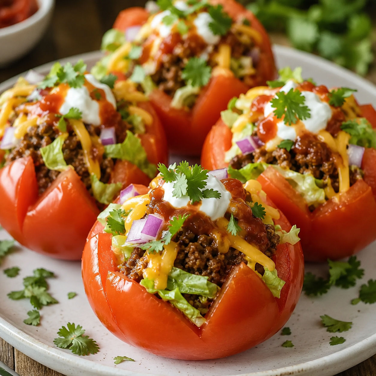 Taco stuffed tomatoes with beef, lettuce, cheese, sour cream, and cilantro
