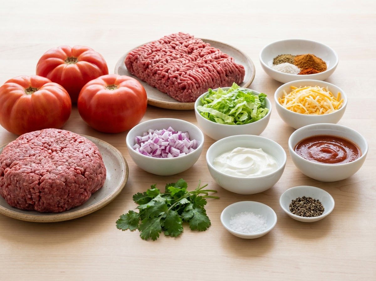 Ingredients for taco stuffed tomatoes with beef, lettuce, cheese, and toppings