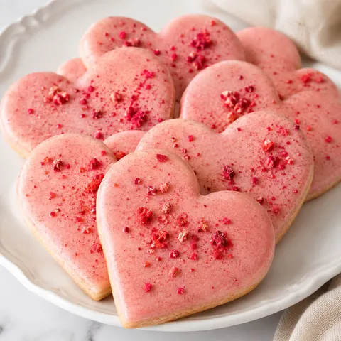 Pink heart-shaped strawberry shortbread cookies with strawberry glaze