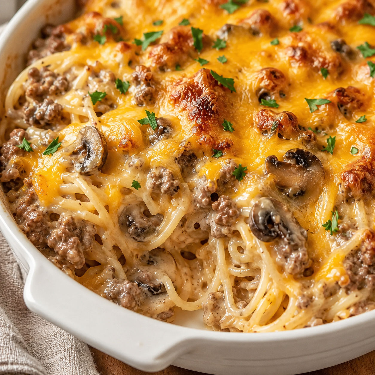 Creamy angel beef casserole with cheddar and parsley