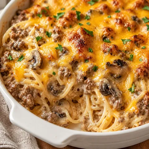 Creamy angel beef casserole with cheddar and parsley
