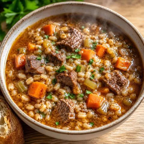 Hearty beef and barley soup with carrots and parsley in a ceramic bowl