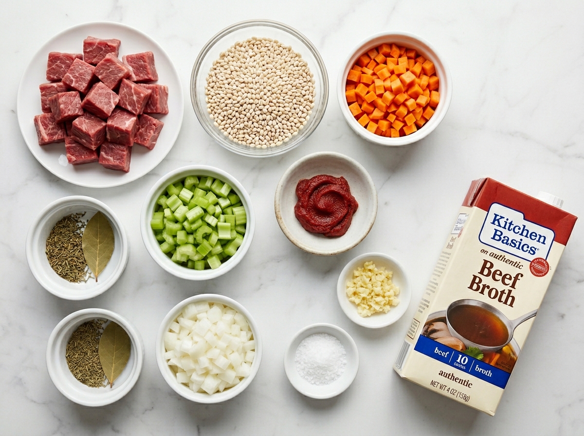 Raw ingredients for beef and barley soup on a wooden counter