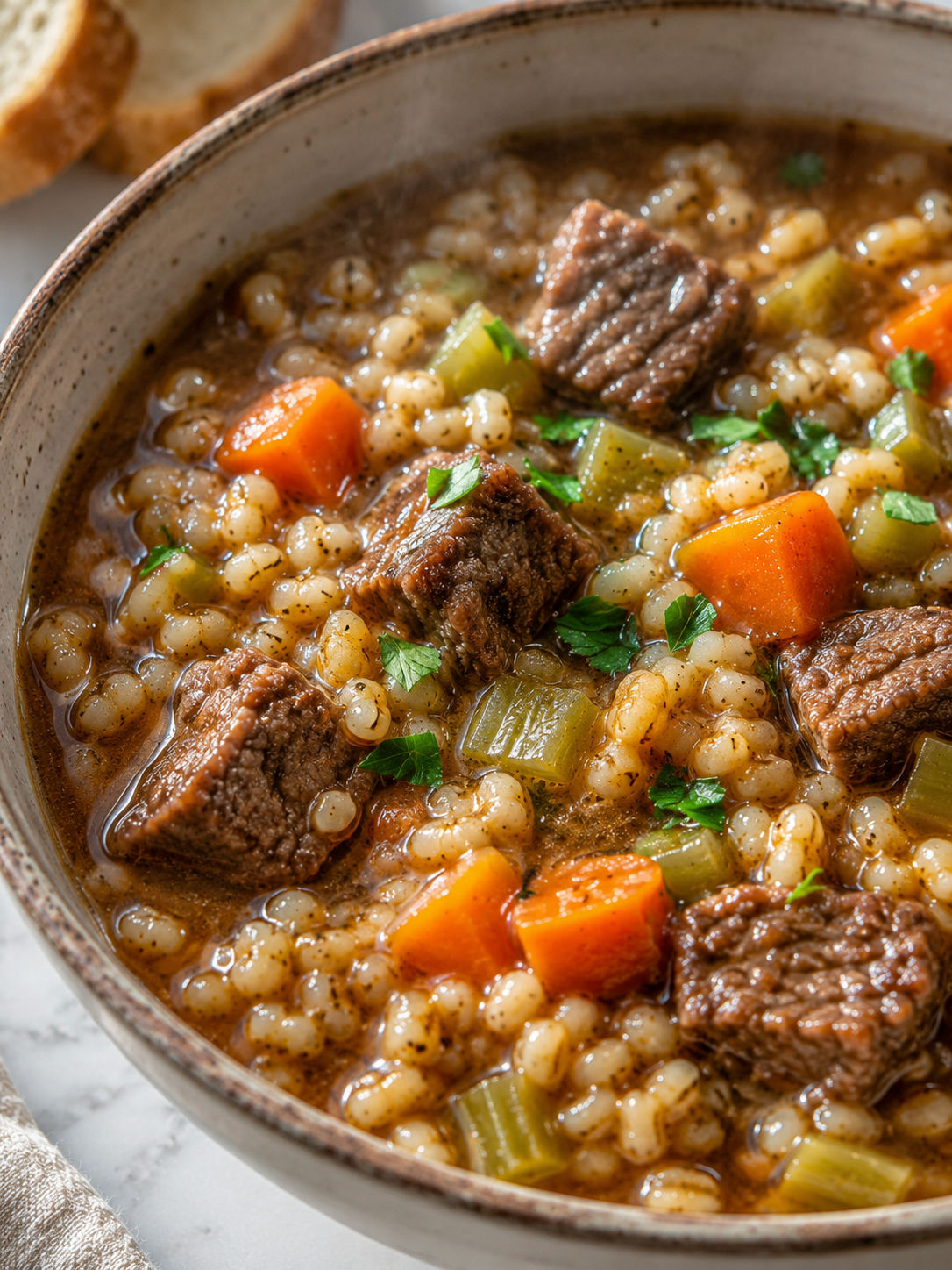 Hearty Beef & Barley Soup, plated and served