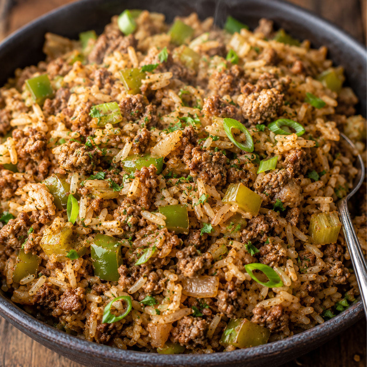 Beef dirty rice with green onions and parsley in a dark bowl