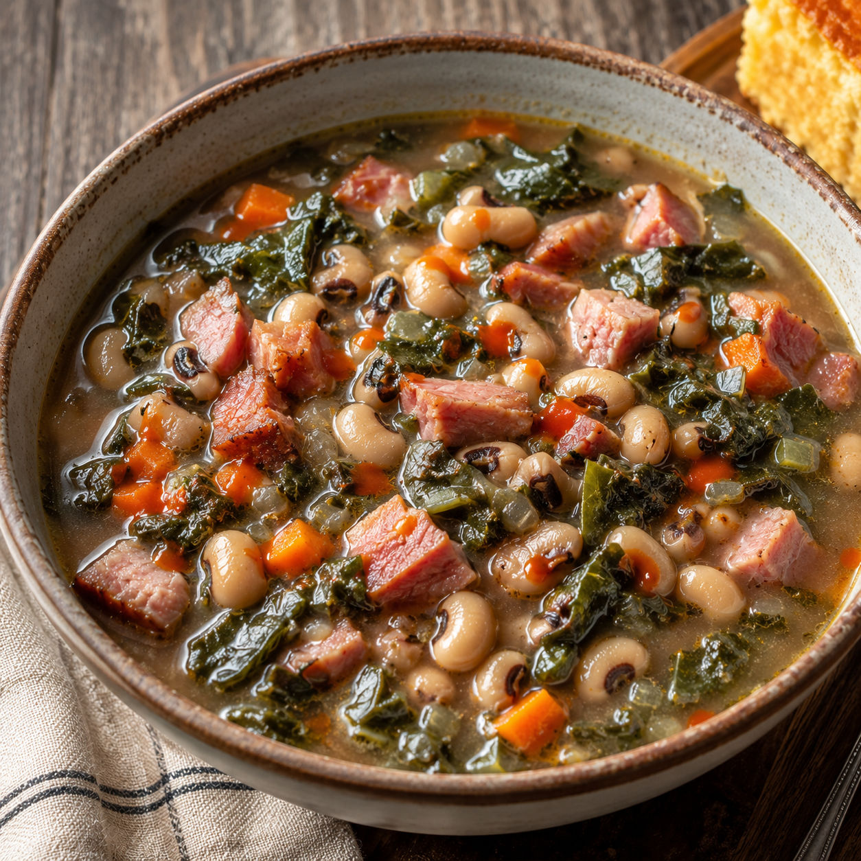 Black-eyed pea soup with ham, collard greens, carrots, and smoky broth