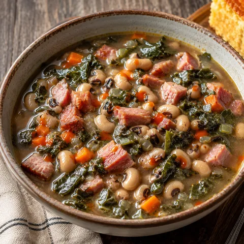 Black-eyed pea soup with ham, collard greens, carrots, and smoky broth