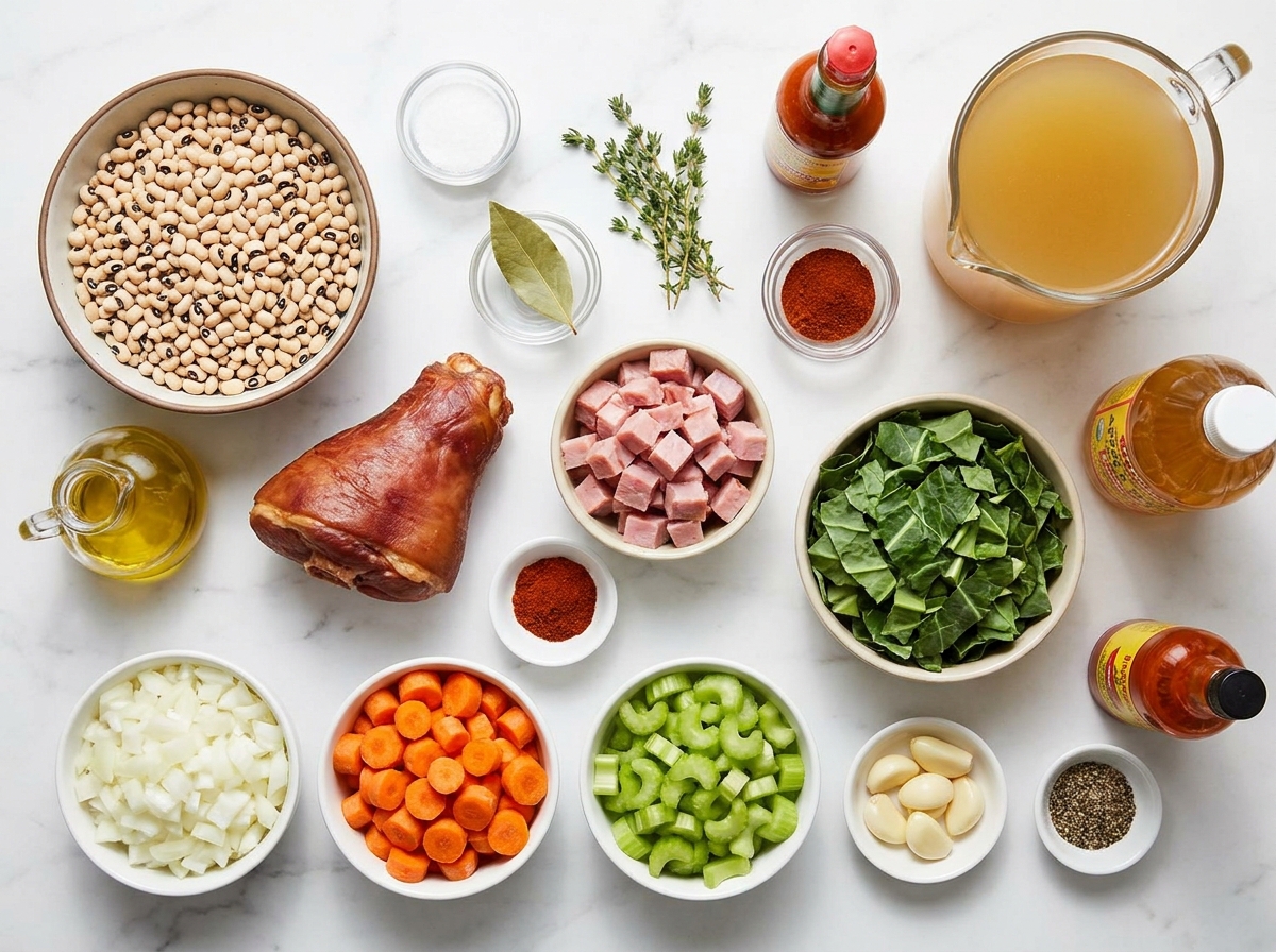 Ingredients for black-eyed pea soup with ham, collards, vegetables, and broth